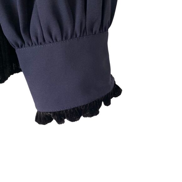 Crosby by Mollie Burch Navy Blue Black Velvet Ruffle Trim Blouse size medium - Picture 3 of 9